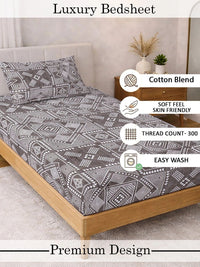 KLOTTHE Brown & White Geometric Fitted 300 TC Single Bedsheet with 1 Pillow Cover