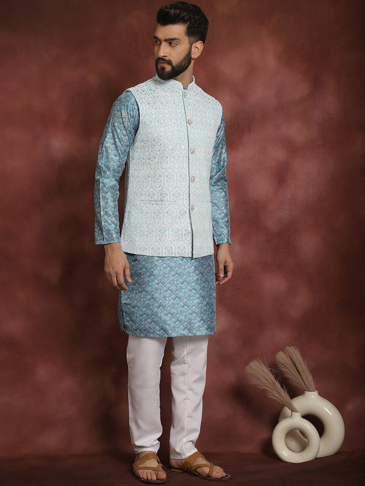 Anouk Men Geometic Printed Thread Work Straight Kurta With Pyjama & Nehru Jacket