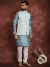 Anouk Men Geometic Printed Thread Work Straight Kurta With Pyjama & Nehru Jacket