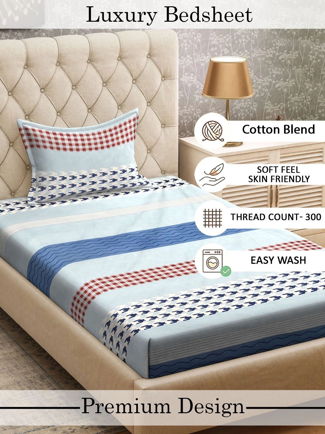 Myntra Elegant Homes White & Teal Striped 300 TC Single Bedsheet with 1 Pillow Covers