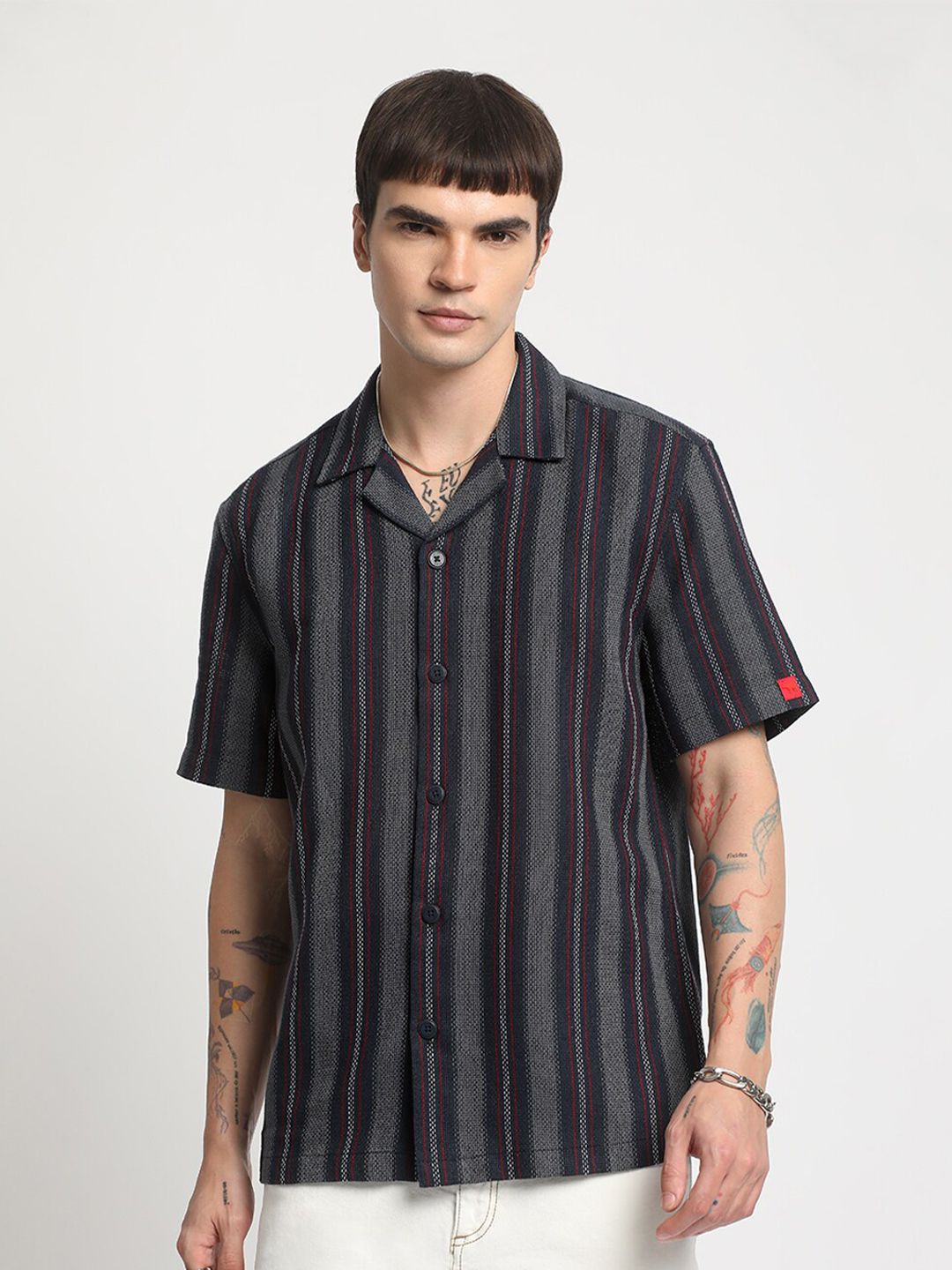 THE BEAR HOUSE Opaque Striped Pure Cotton Casual Shirt