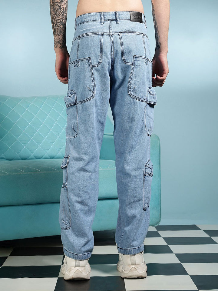 Eszett Men Blue Santai Slim Fit High-Rise Seluar Denim Cargos Mudah Dicuci