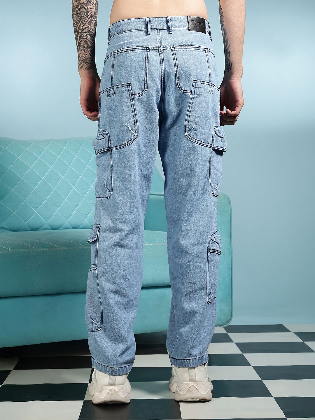 Eszett Men Blue Santai Slim Fit High-Rise Seluar Denim Cargos Mudah Dicuci