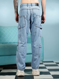 Eszett Men Blue Santai Slim Fit High-Rise Seluar Denim Cargos Mudah Dicuci