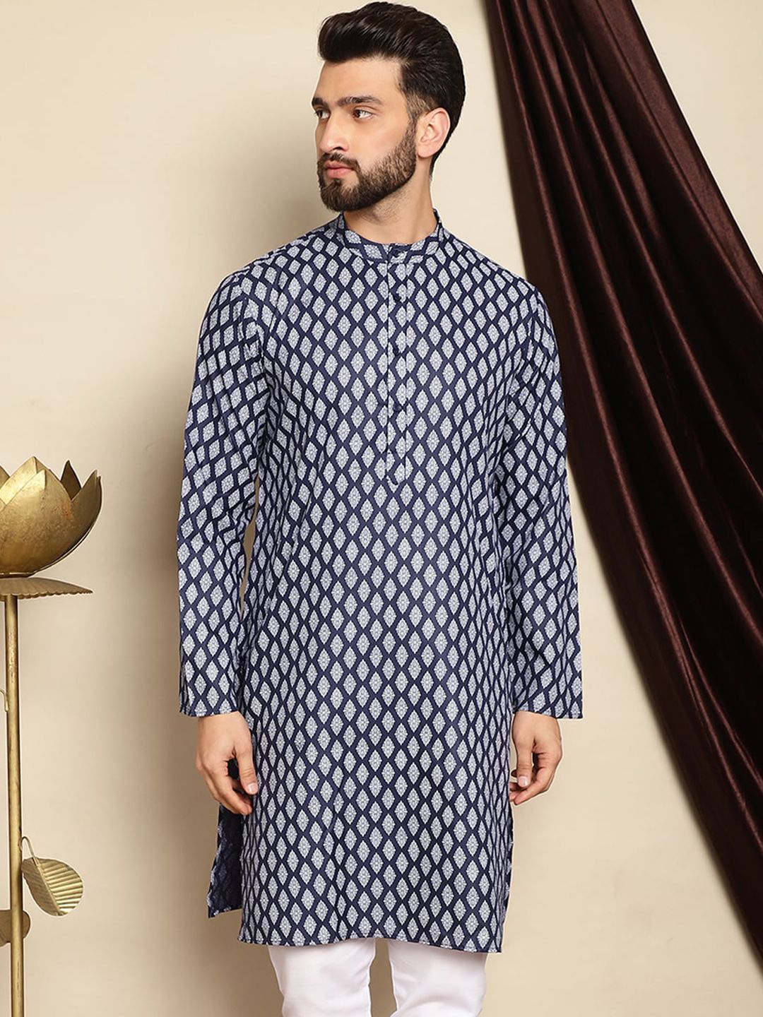 Anouk Navy Blue Ethnic Motif Printed Band Collar Straight Kurta