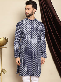 Anouk Navy Blue Ethnic Motif Printed Band Collar Straight Kurta