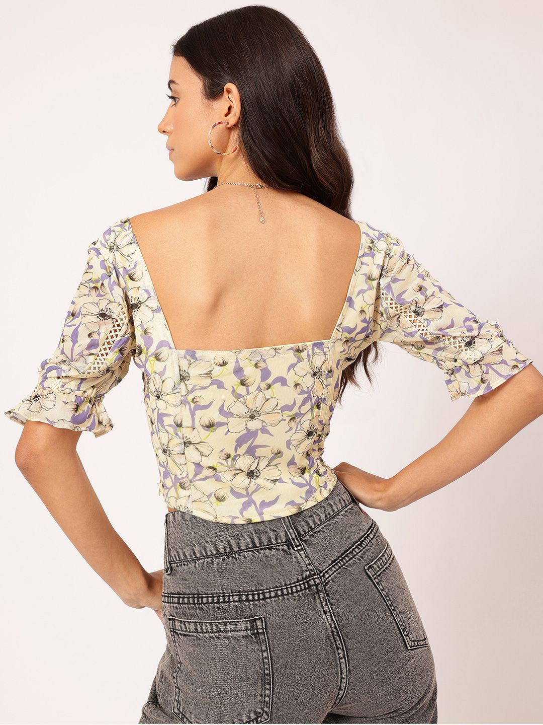 DressBerry Lace Inserts Floral Smocked Crop Top