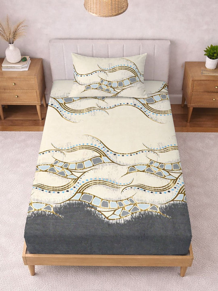 KLOTTHE Warna Krim & Kelabu Bercetak 300 TC Cadar Single Dengan Sarung Bantal-2.25 m x 1.5 m