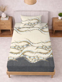 KLOTTHE Warna Krim & Kelabu Bercetak 300 TC Cadar Single Dengan Sarung Bantal-2.25 m x 1.5 m