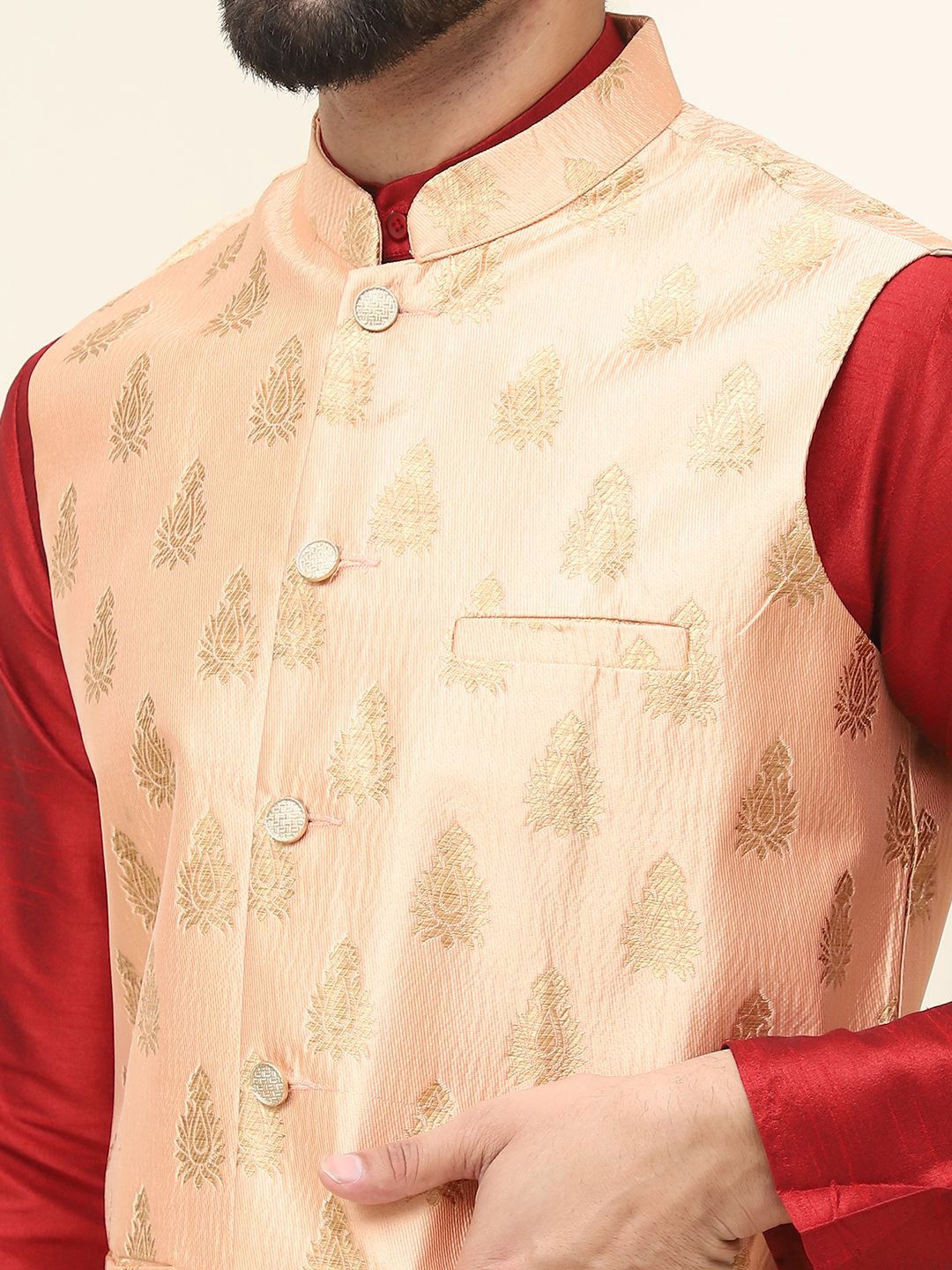 SOJANYA Mandarin Collar Zari Silk Cotton Straight Kurta with Pyjamas & Nehru jacket