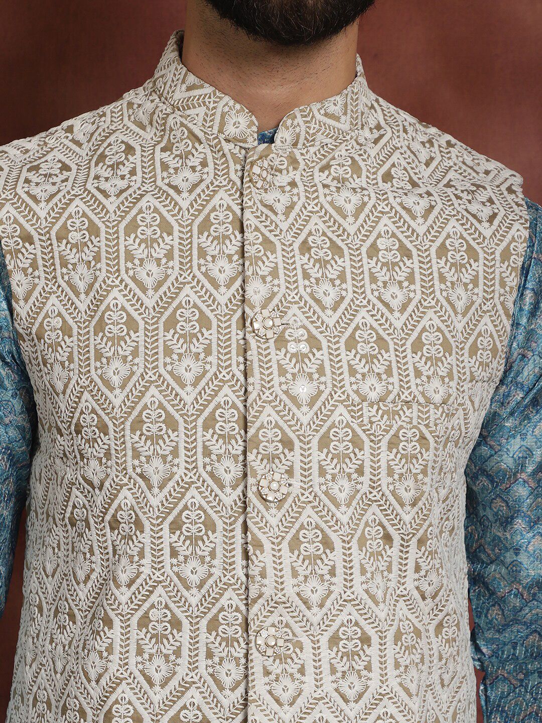 Anouk Blue Striped Mandarin Collar Thread Work Straight Kurta With Churidar