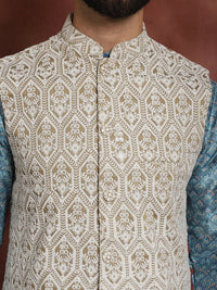Anouk Blue Striped Mandarin Collar Thread Work Straight Kurta With Churidar