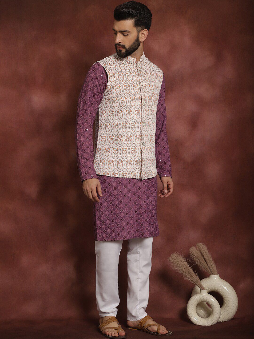 Anouk Embroidered Thread Work Regular Kurta Churidar & Nehru jacket