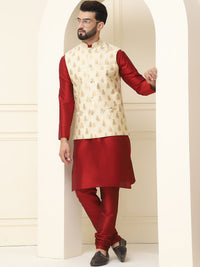 SOJANYA Mandarin Collar Zari Silk Cotton Straight Kurta dengan Piyama & jaket Nehru