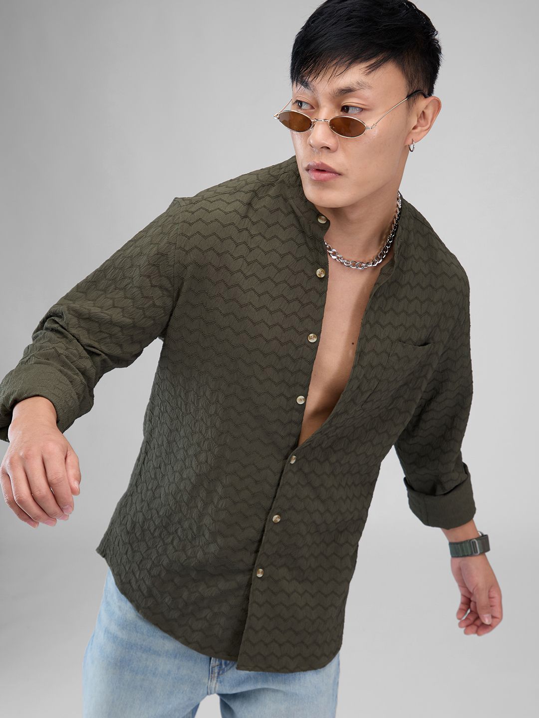 VASTRADO Men Classic Mandarin Collar Textured Casual Shirt