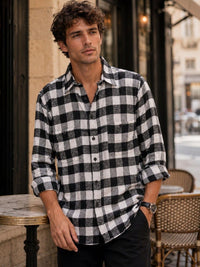 Eszett Men Buffalo Checked Spread Collar Baju Kasual