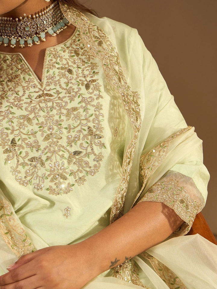 Indo Era Floral Embroidered Notched Neck Liva Straight Kurta With Trousers & Dupatta
