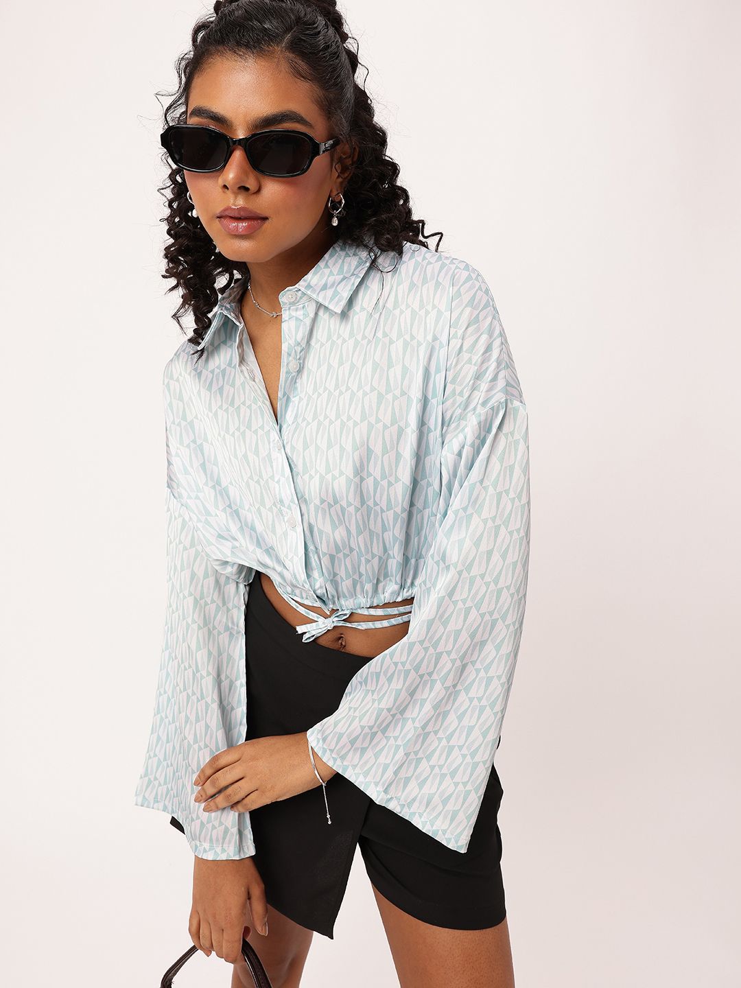 DressBerry Playful Tie-Ups Satiny Glam Blouson Shirt Style Crop Top