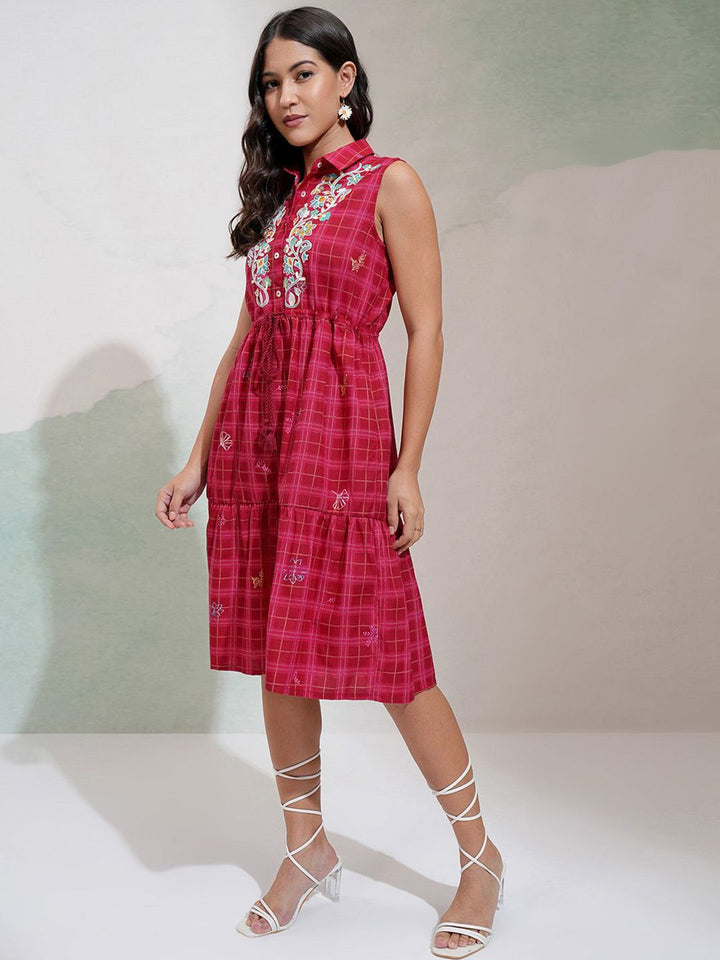 Vishudh Printed Shirt Collar Embroidered Bodice Sleeveless Tiered Midi Dress