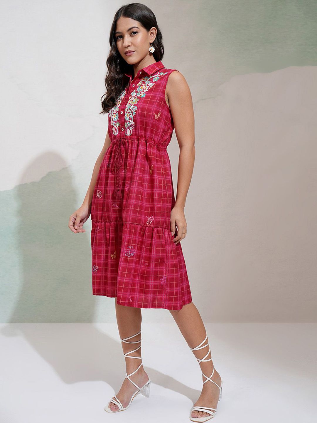 Vishudh Printed Shirt Collar Embroidered Bodice Sleeveless Tiered Midi Dress