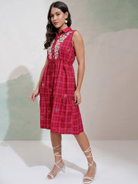 Vishudh Printed Shirt Collar Embroidered Bodice Sleeveless Tiered Midi Dress