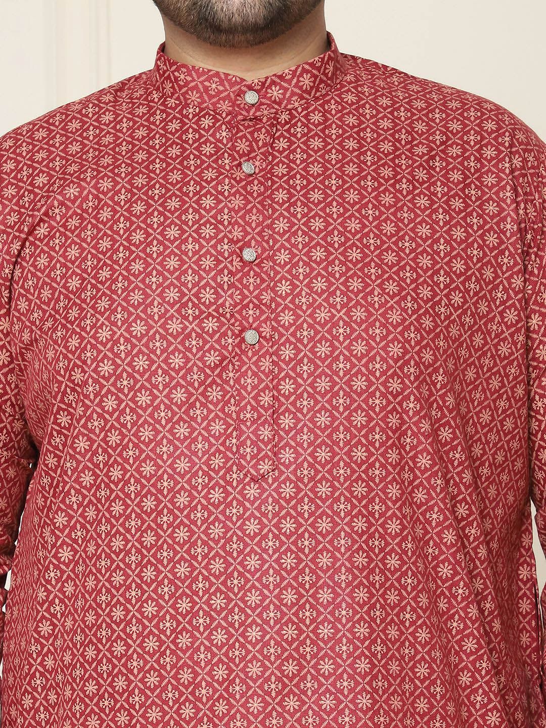 SOJANYA Plus Motif Etnik Printed Mandarin Collar Lengan Panjang Cotton Linen Kurta Lurus