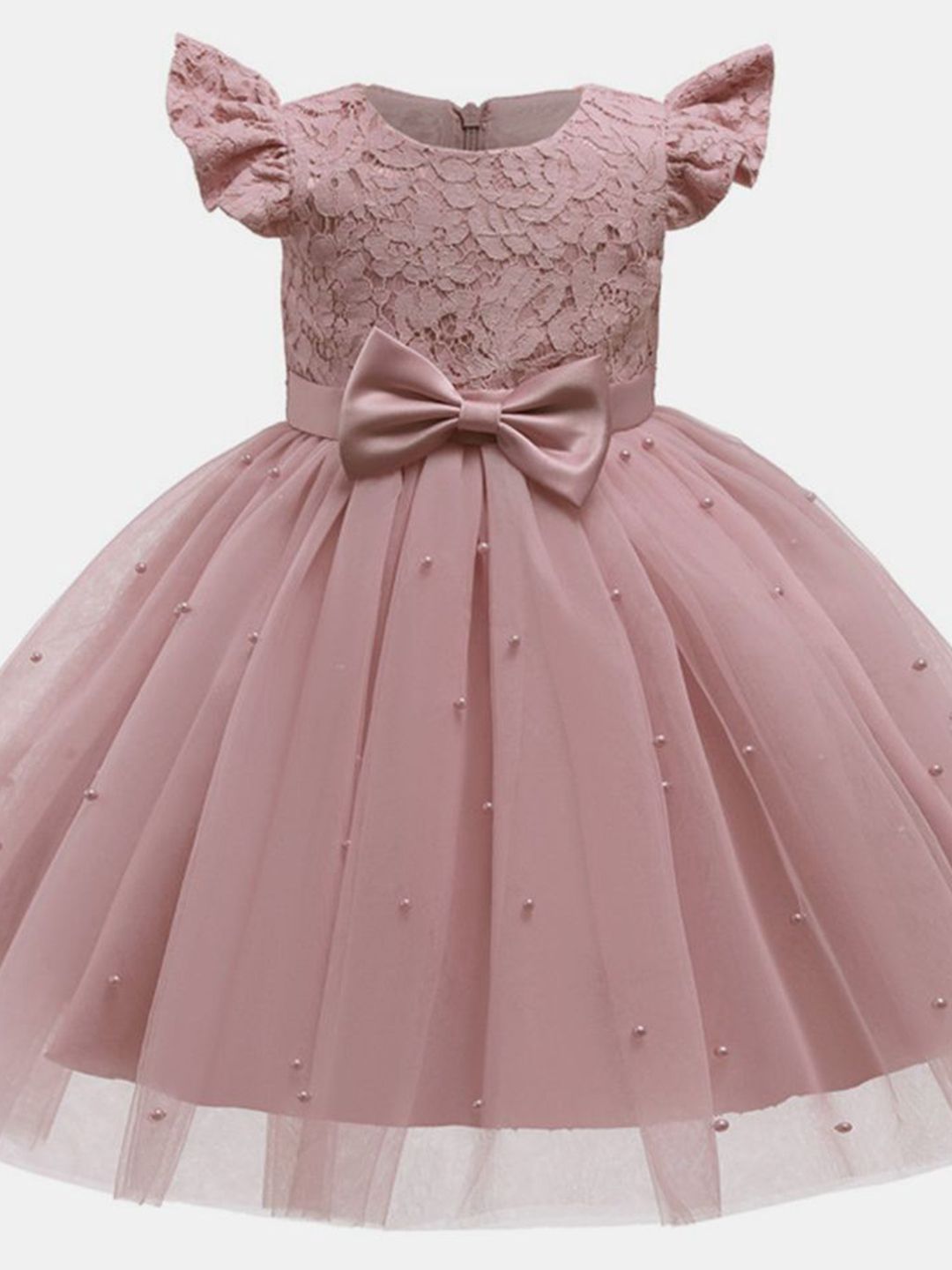 YK Girls Embellished Flutter Sleeve Fit & Flare Dress