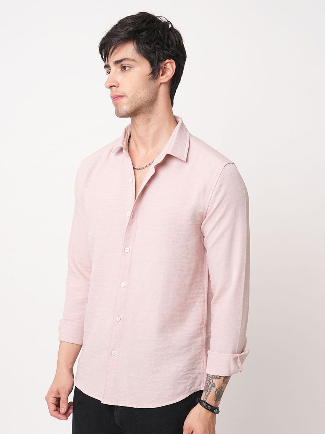 VASTRADO Men Pastel Peach Slub Textured Shirt