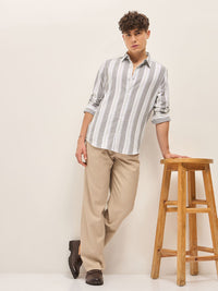 THE BEAR HOUSE Men Spread Collar Vertical Striped Cotton Slim Fit Casual Shirt
