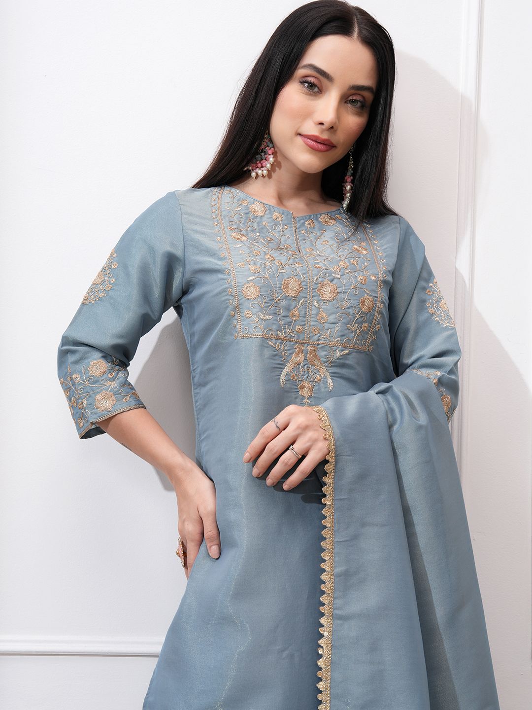 Vishudh Women Ethnic Motifs Embroidered Regular Kurta with Trousers & With Dupatta