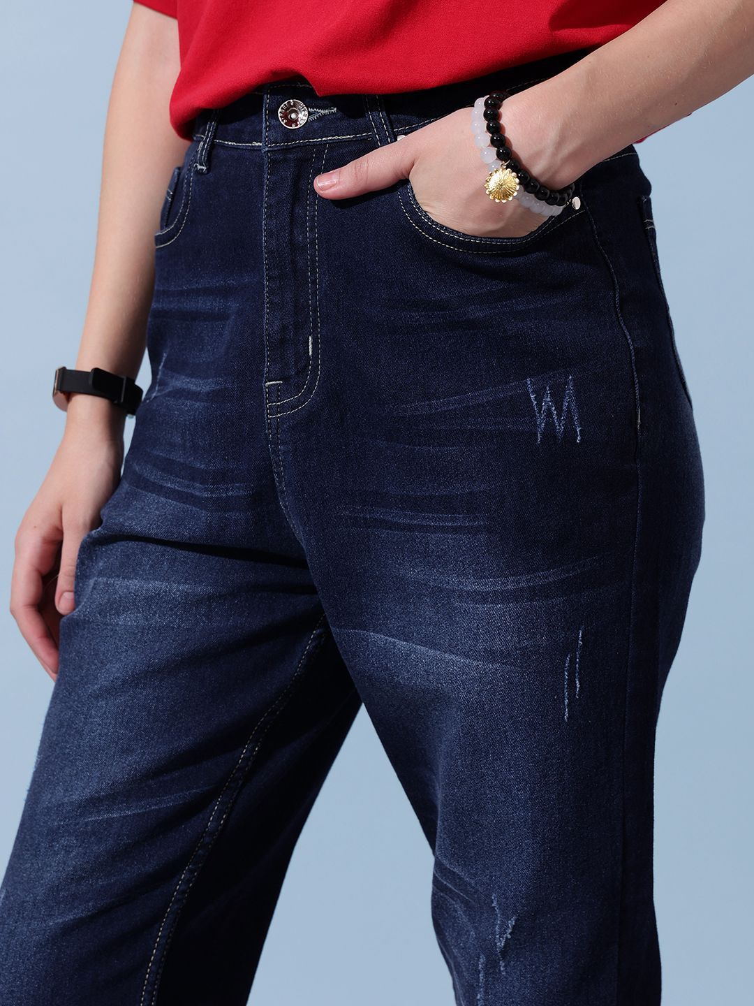 STREET 9 Women Comfort Slim Fit Low Distress Light Fade Jeans