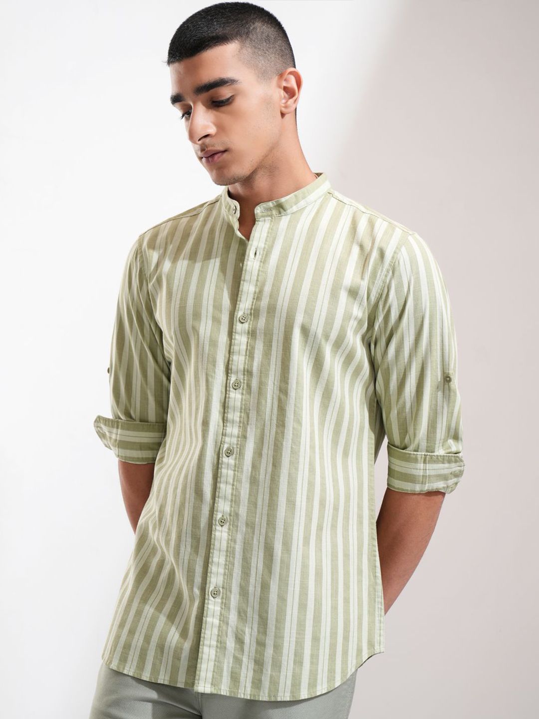 Highlander Men Cotton Linen Printed Striped Mandarin Collar Roll Up Sleeve Casual Shirt