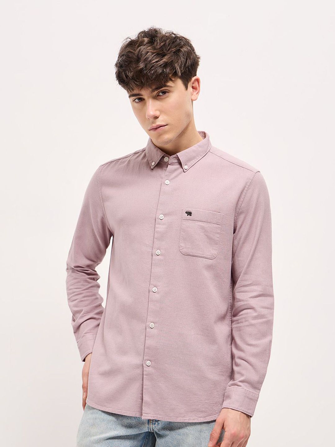 THE BEAR HOUSE Men Button-Down Collar Solid Slim Fit Cotton Shirt