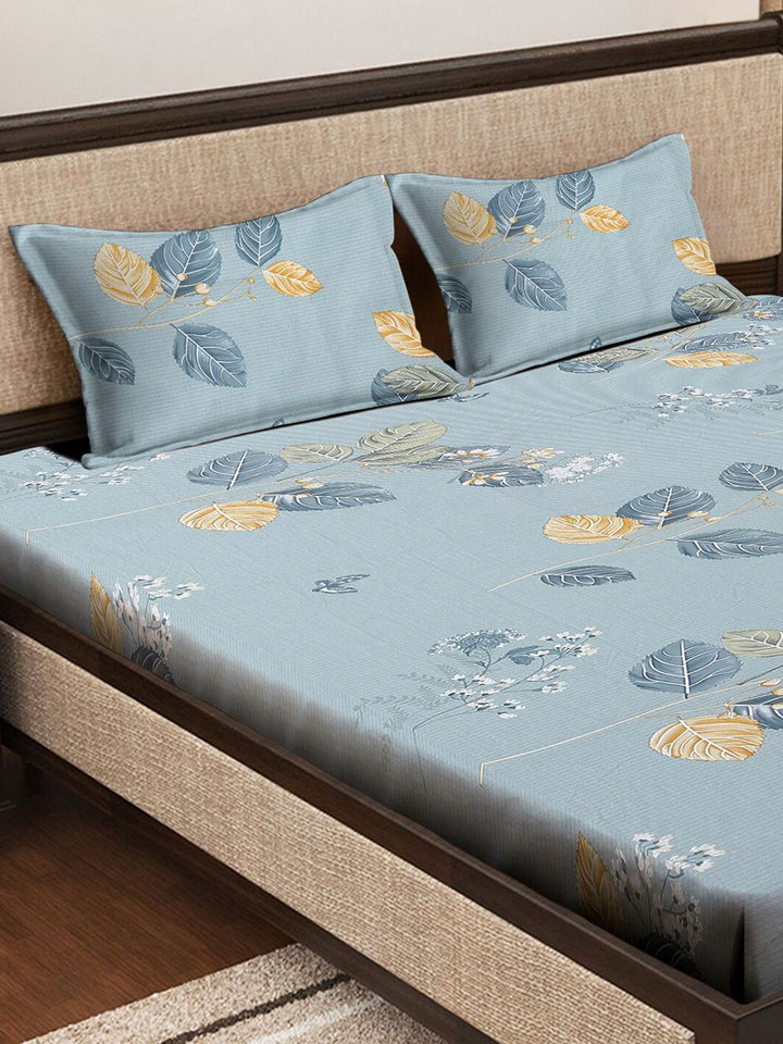 KLOTTHE Blue Leaf Pure Cotton 400 TC Dilengkapi Cadar dengan 2 Sarung Bantal-98 x 89 inci