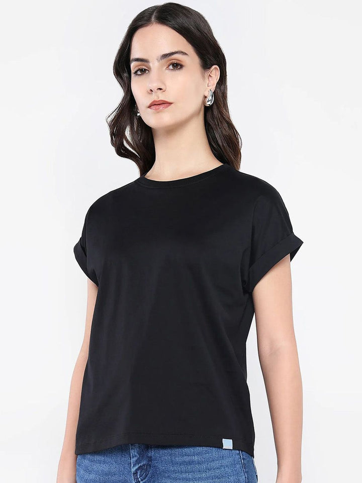 Rareism Wanita Pepejal Leher Kapas T-Shirt Santai