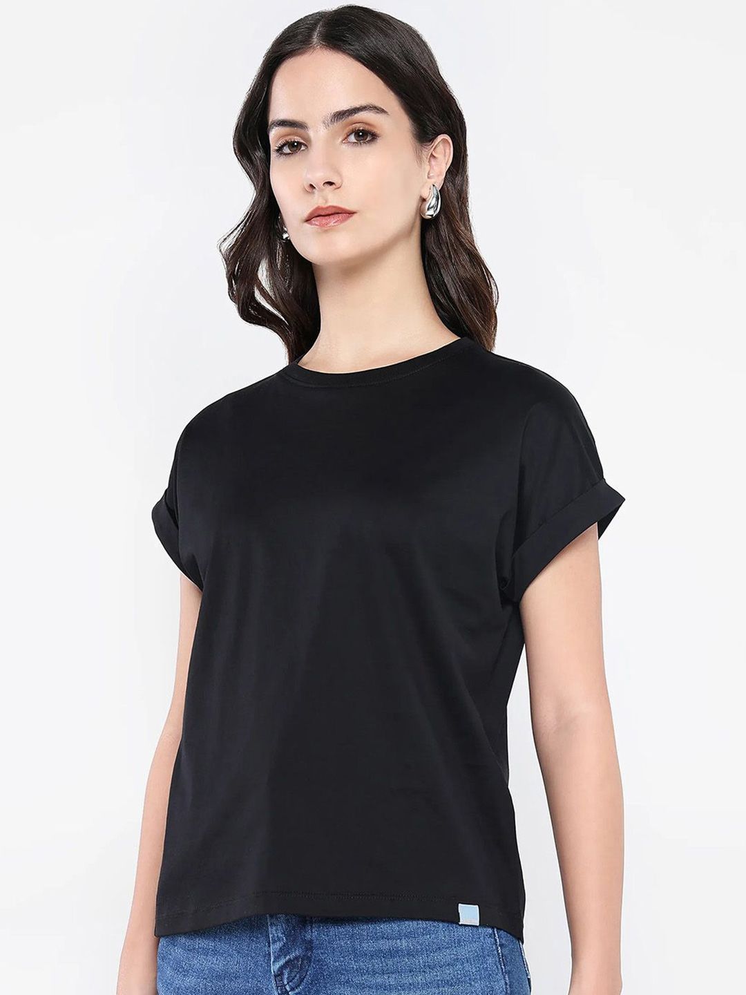 Rareism Wanita Pepejal Leher Kapas T-Shirt Santai