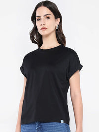 Rareism Wanita Pepejal Leher Kapas T-Shirt Santai