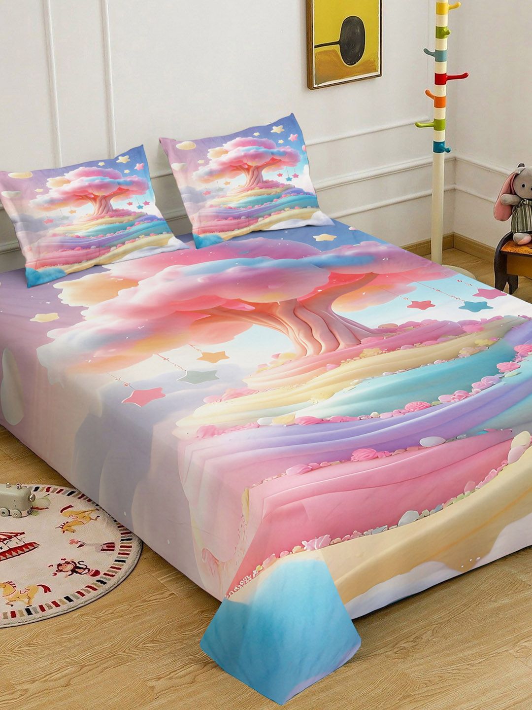 Myntra Elegant Homes Kartun Merah Jambu 400 TC King 7D Cadar Dengan 2 Sarung Bantal-250X225 cm