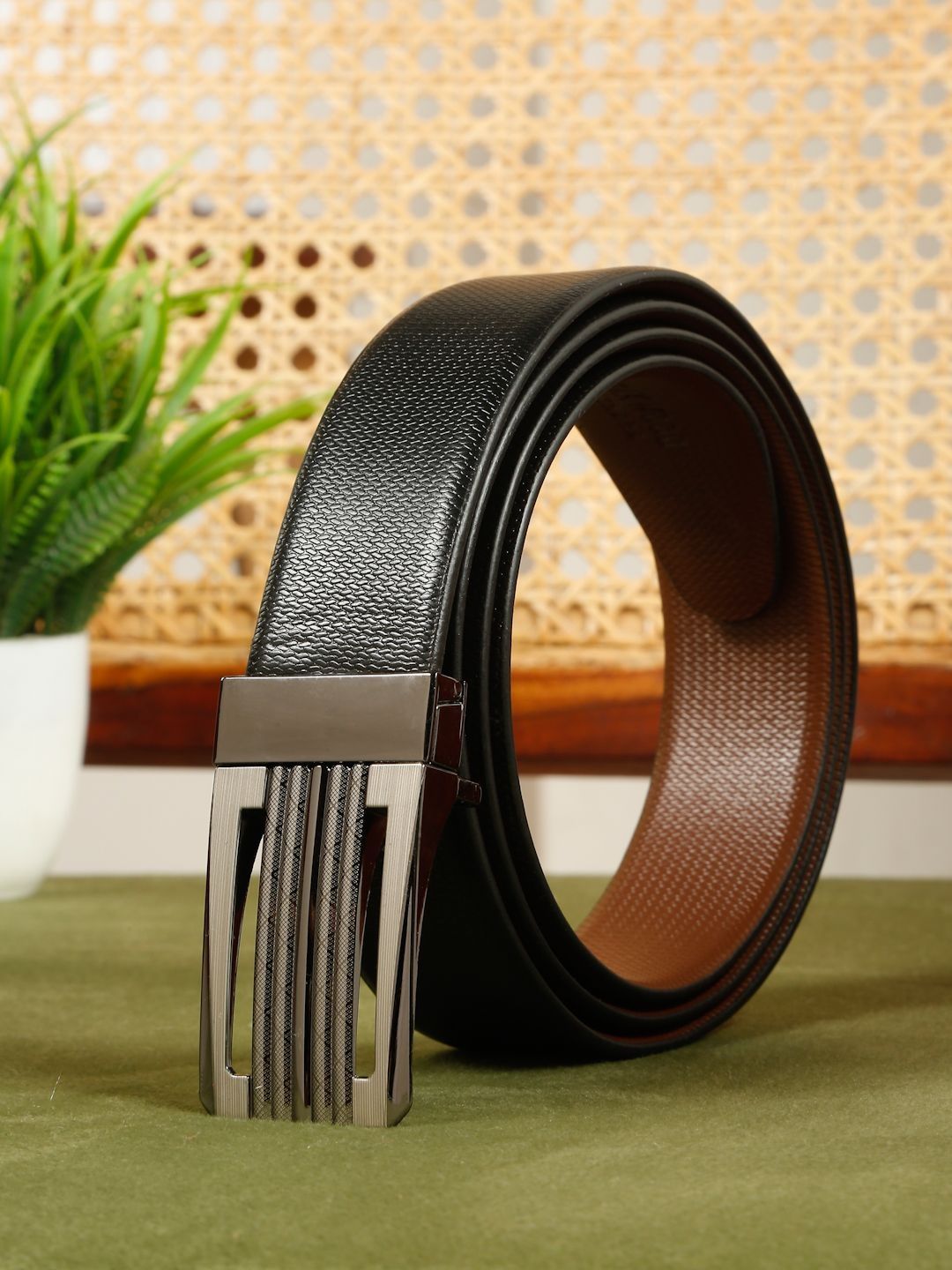 Teakwood Leathers Men Textured Leather Reversible Formal Belt