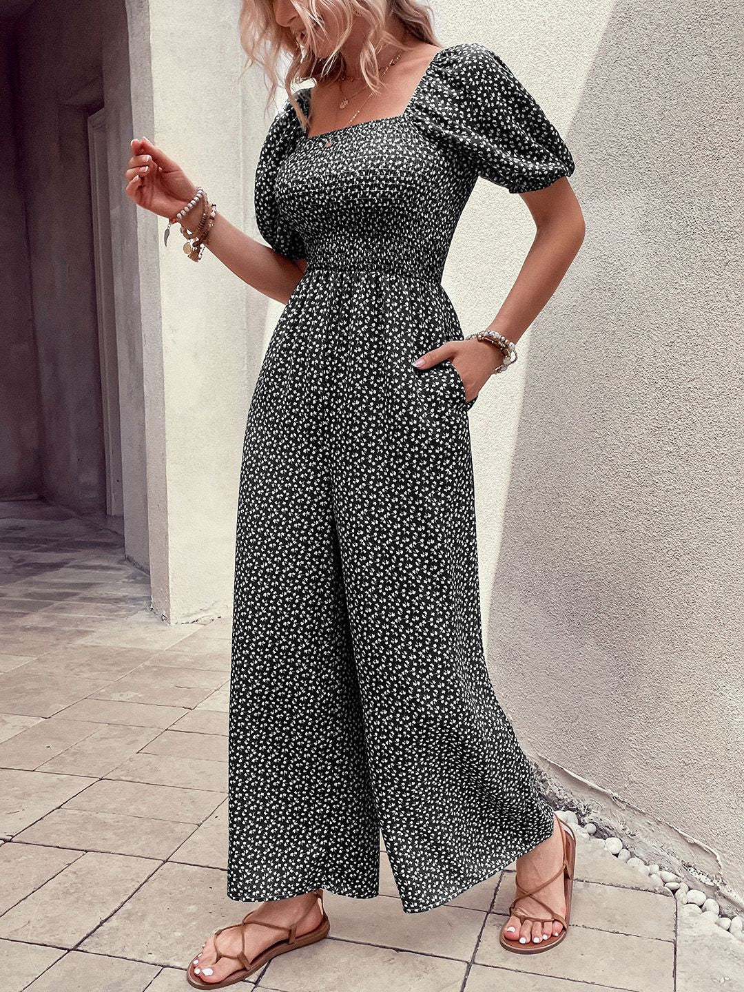 DressBerry Smocked Floral Printed Basic Jumpsuit