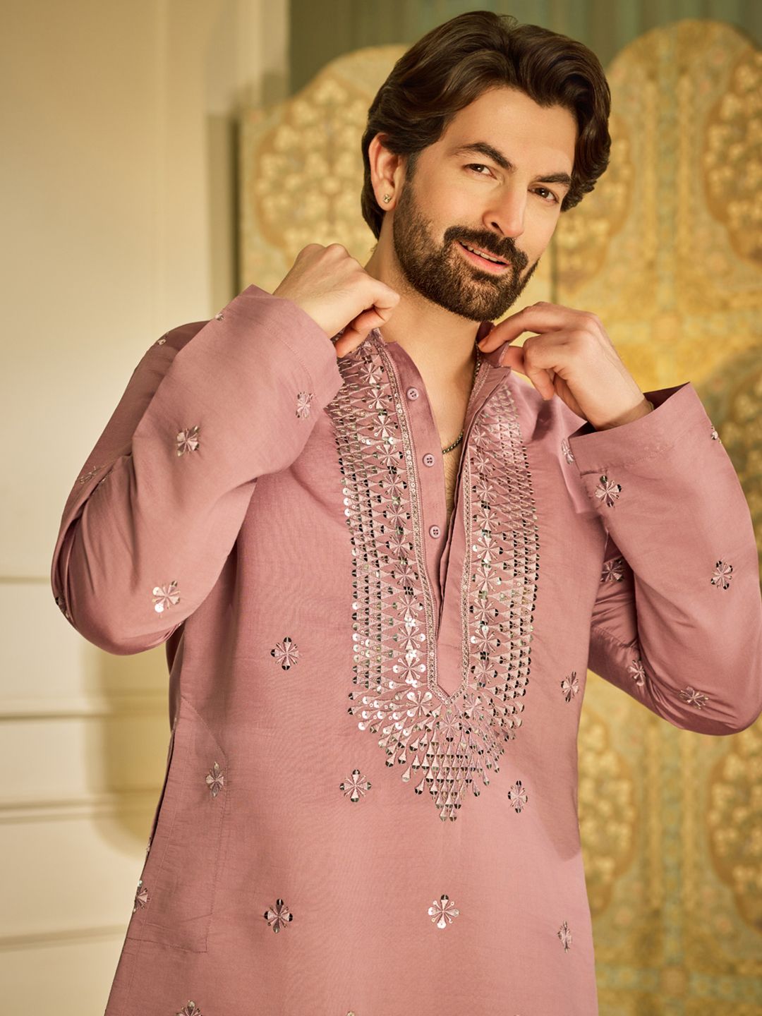 SOJANYA Floral Embroidered Mandarin Collar Mirror Work Cotton Silk Straight Kurta