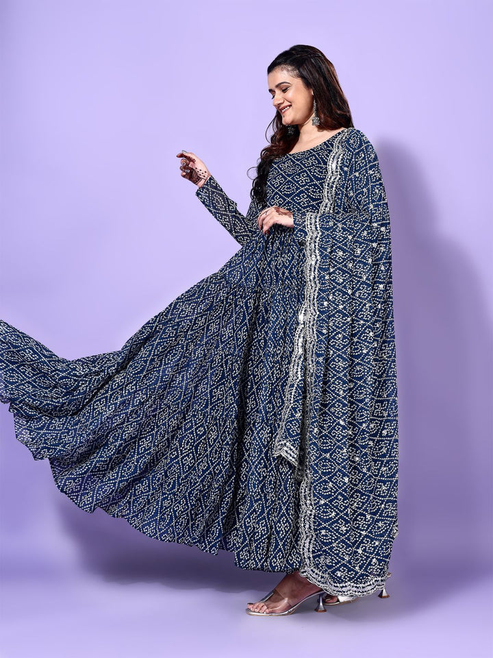 KALINI Bandhani Printed Tiered Georgette Anarkali Kurta With Trouser & Dupatta