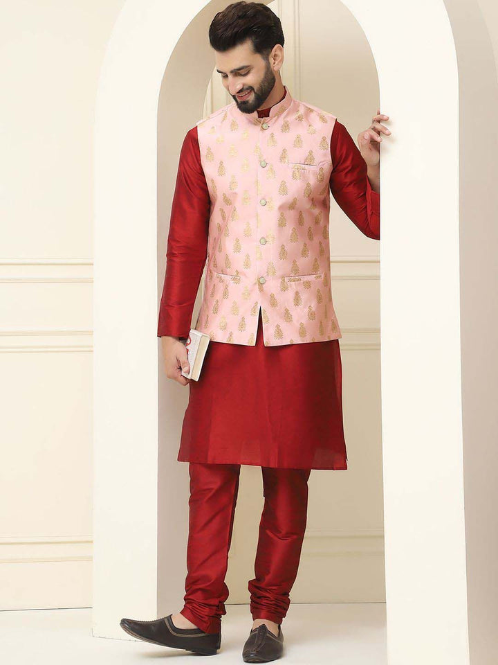 SOJANYA Mandarin Collar Silk Cotton Straight Kurta dengan jaket Churidar & Nehru