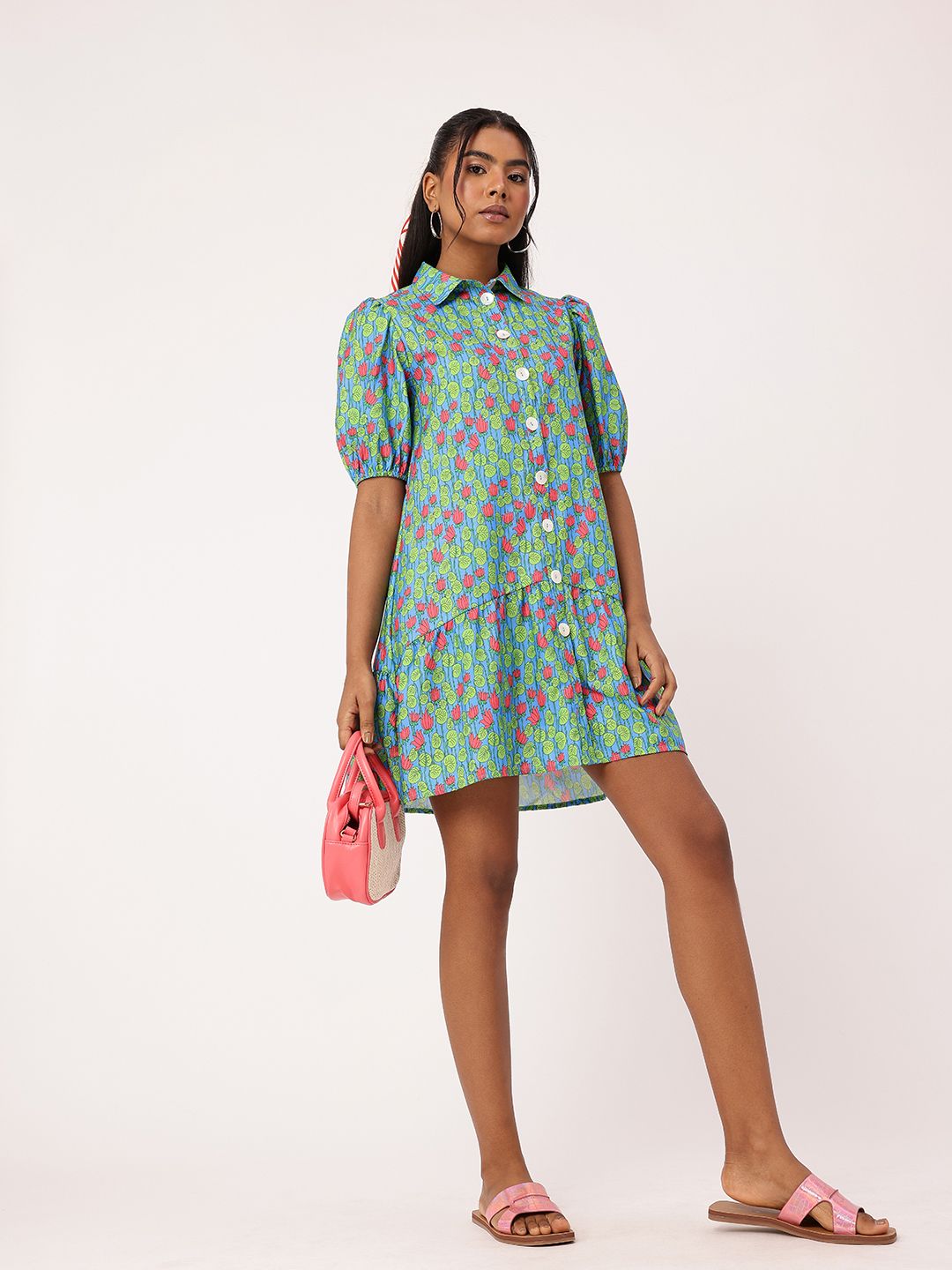 DressBerry Charming Floral Print Puffed Gathers Shirt Style Mini Dress