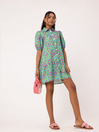 DressBerry Charming Floral Print Puffed Gathers Shirt Style Mini Dress