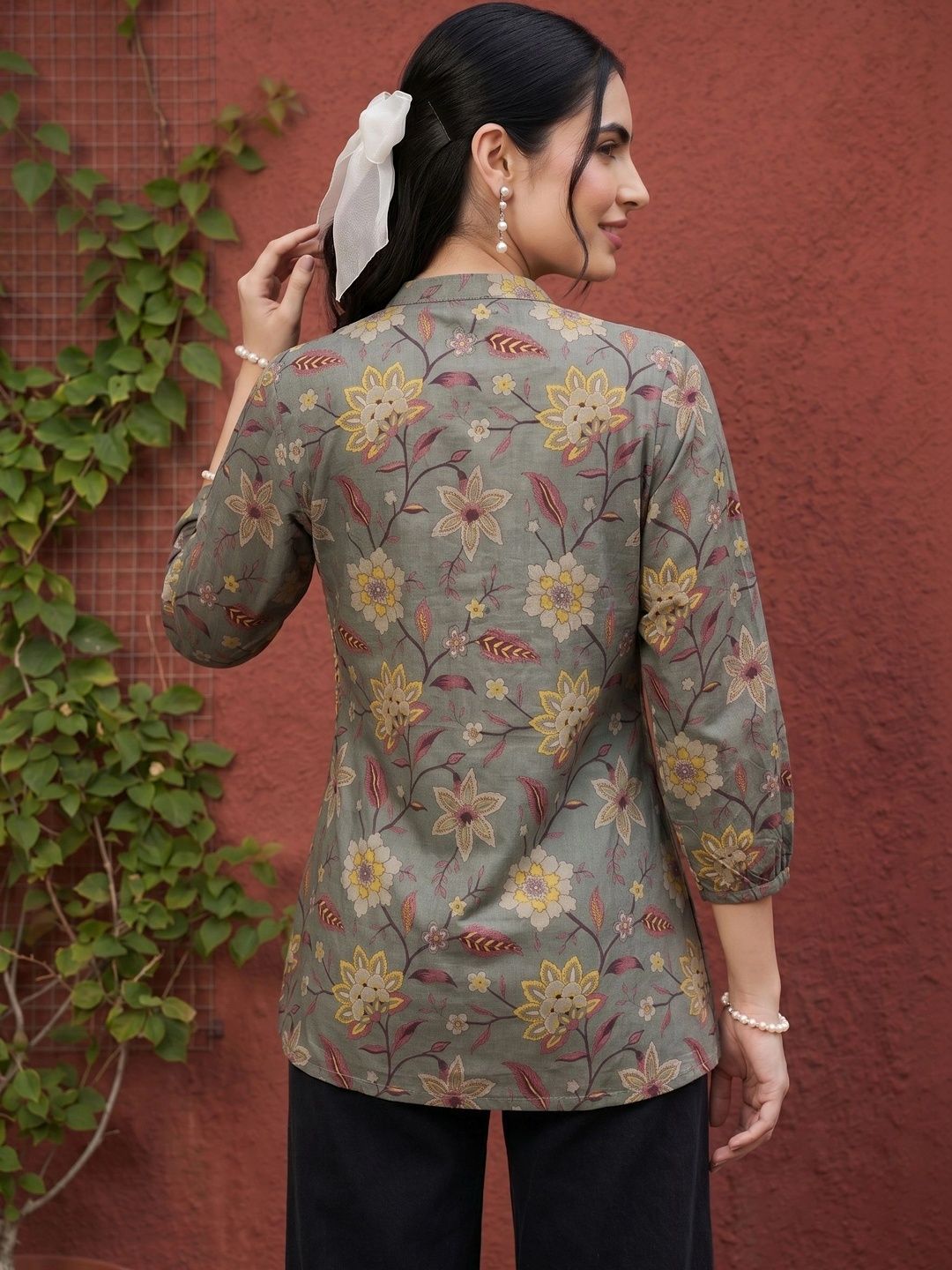 Atasan Kapas Lengan Puff Kolar Mandarin Mamicha Floral Print