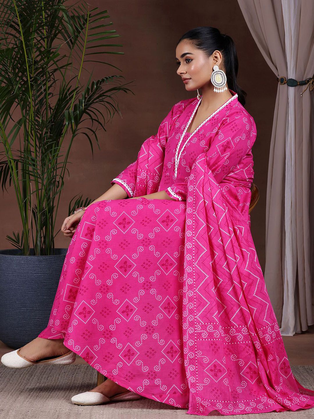 Libas Bandhani Printed Gotta Patti Pure Cotton Anarkali Kurta with Trousers & Dupatta