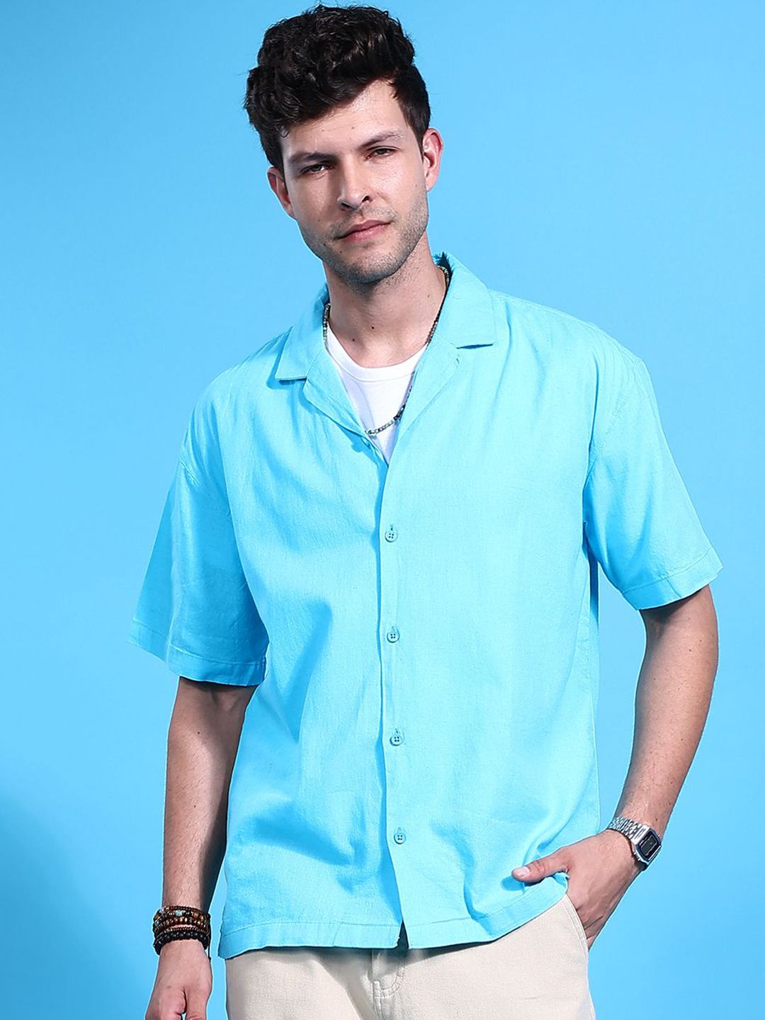 The Indian Garage Co Men Cuban Collar Relaxed Fit Pure Cotton Resortwear Shirt