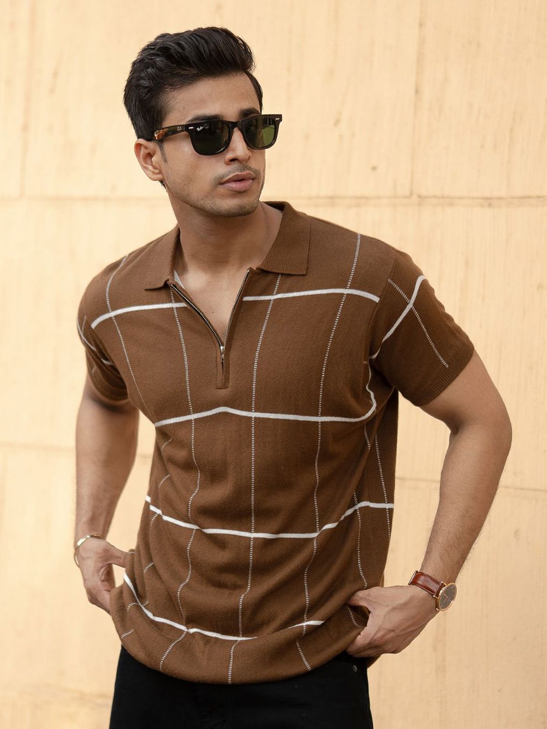 Powerlook Men Checked Polo Collar Cotton T-shirt