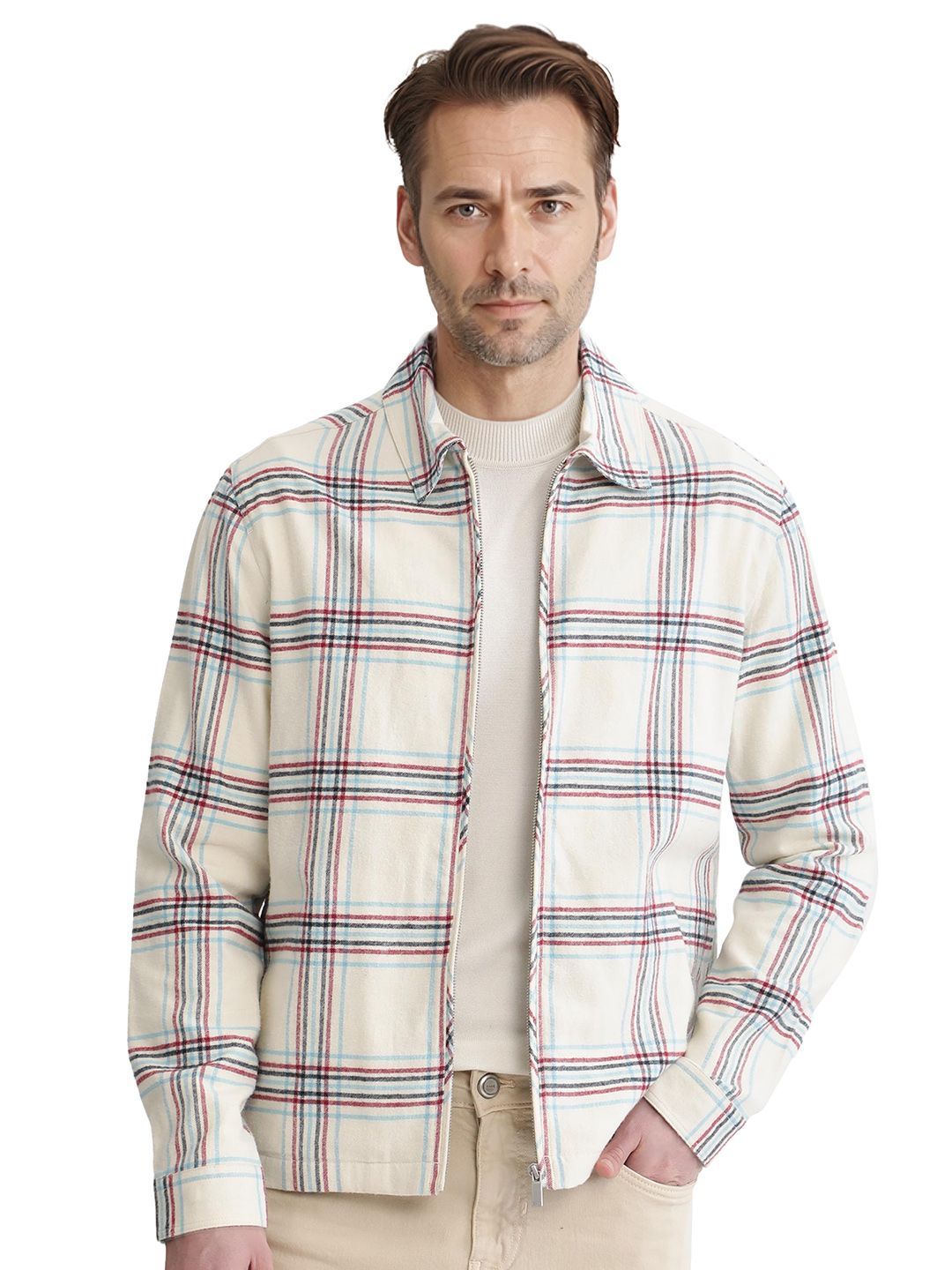 RARE RABBIT Men Checked Cotton Open Front Jacket with Embroidered